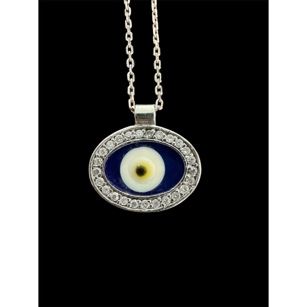 Evil Eye Enamel Necklace Lined With Rhinestone CZ Pendant Silver 925